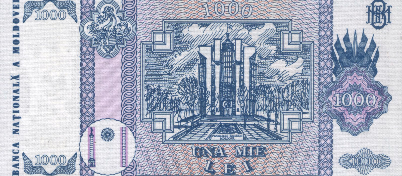 Bancnota de 1000 de lei moldovenești din 1992, cu Palatul Prezidențial de la Chișinău pe verso