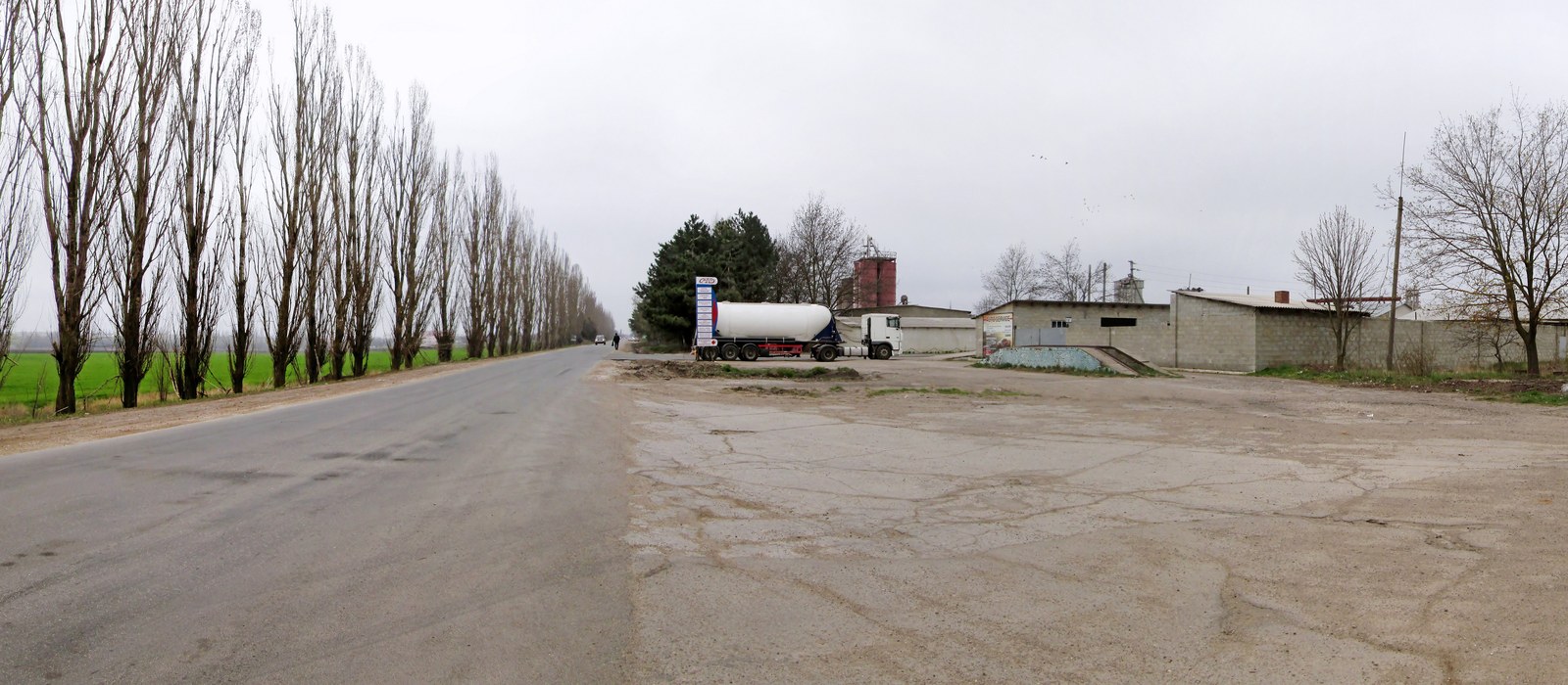 Drum de țară cu plopi pe margine și, în dreapta, o stație de alimentare cu o cisternă albă parcată lângă un rezervor