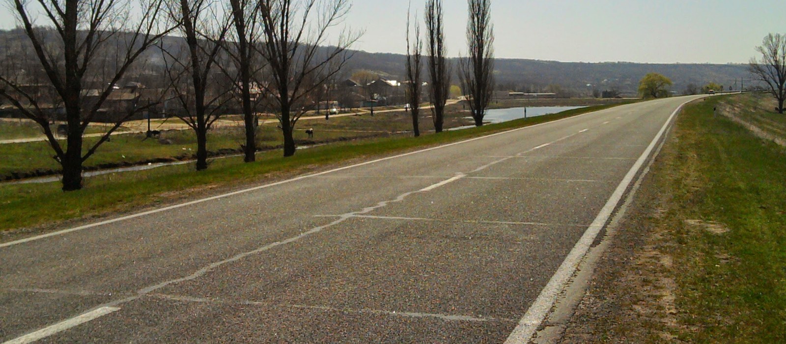 Drumul național printre plopi lângă Leușeni, pe direcția graniței cu România, cu un sat în vale