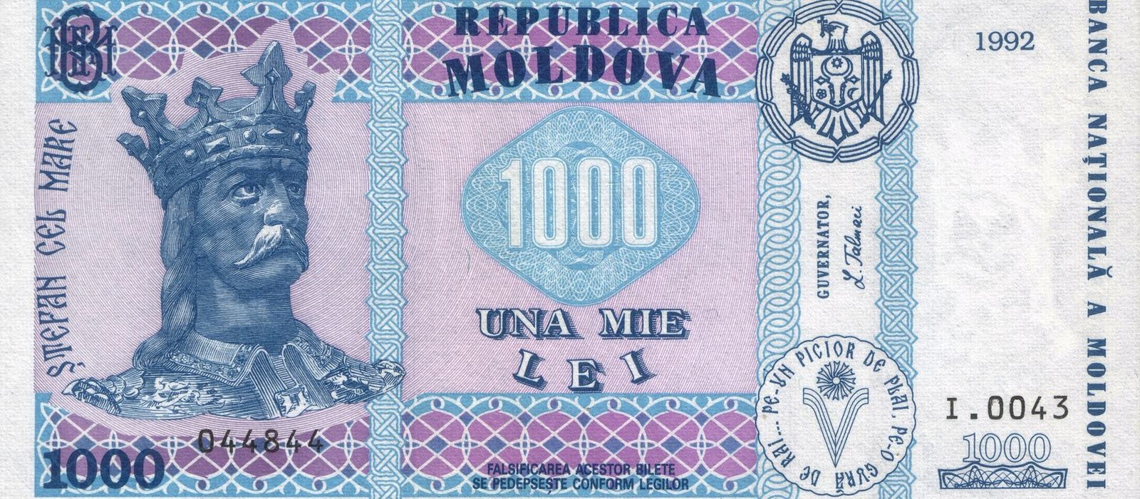 Bancnotă veche de 1.000 de lei moldovenești, seria 1992, cu portretul lui Ștefan cel Mare