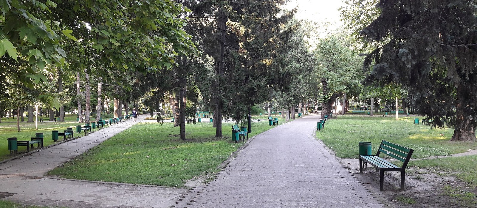 Alee pavată între bănci verzi și copaci în Parcul Ștefan cel Mare din Chișinău