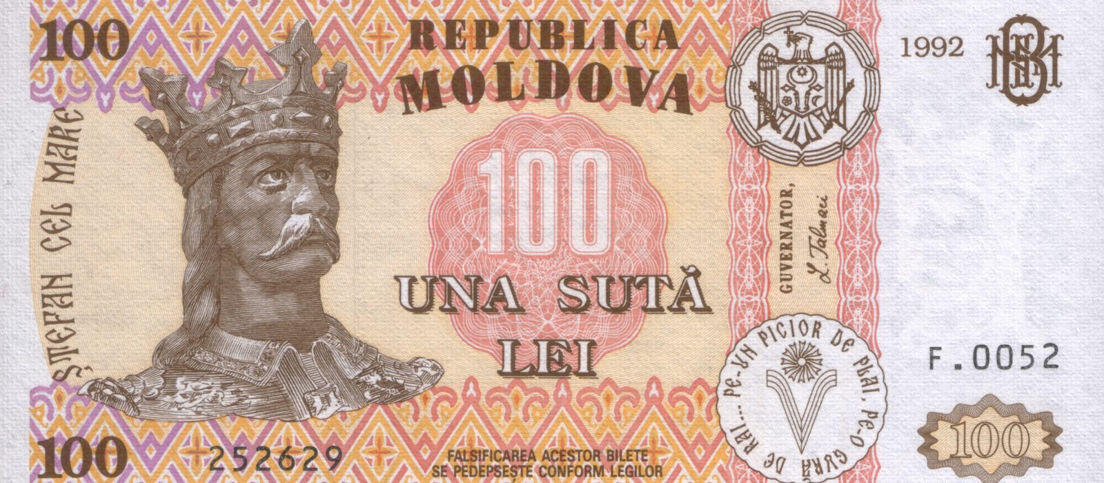 Bancnotă veche de 100 de lei moldovenești, seria 1992, cu portretul lui Ștefan cel Mare