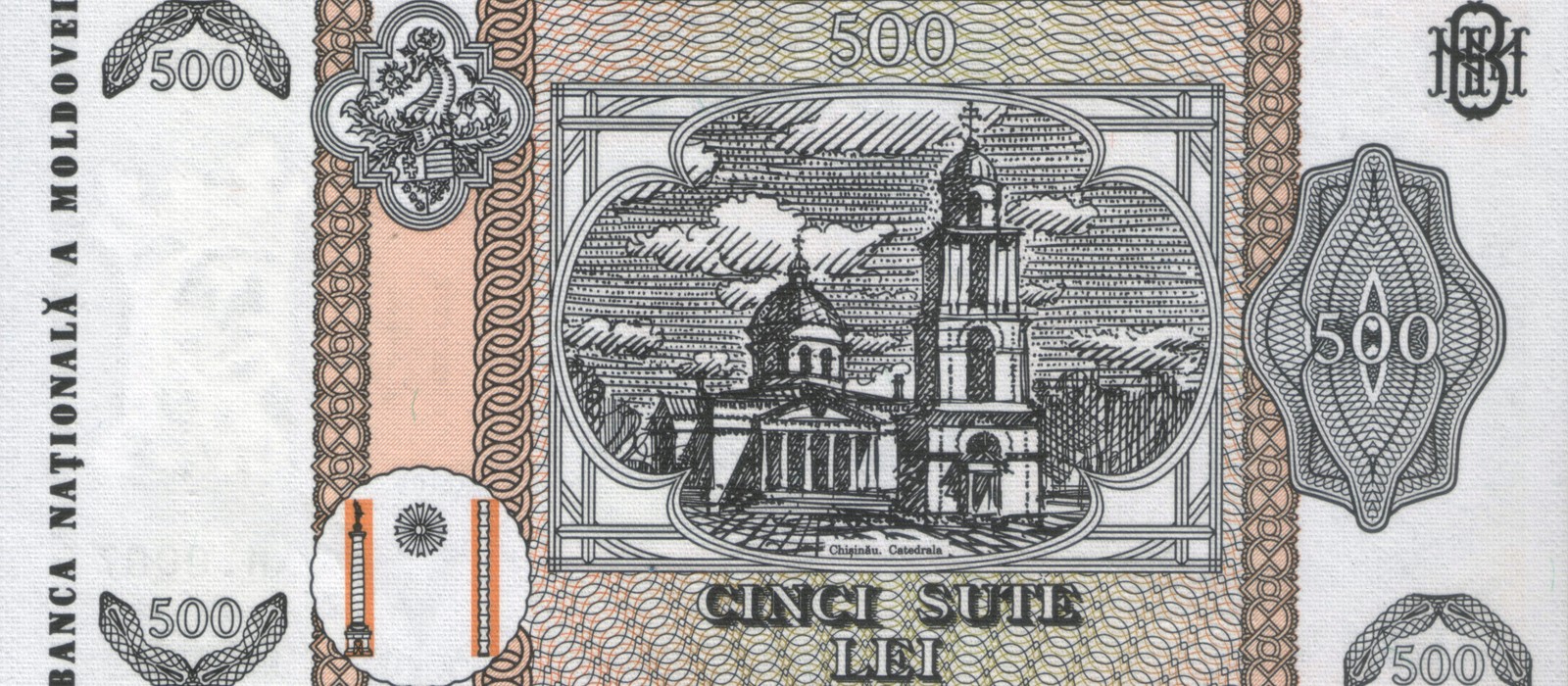 Reversul bancnotei de 500 de lei moldovenești, cu gravura Catedralei din Chișinău