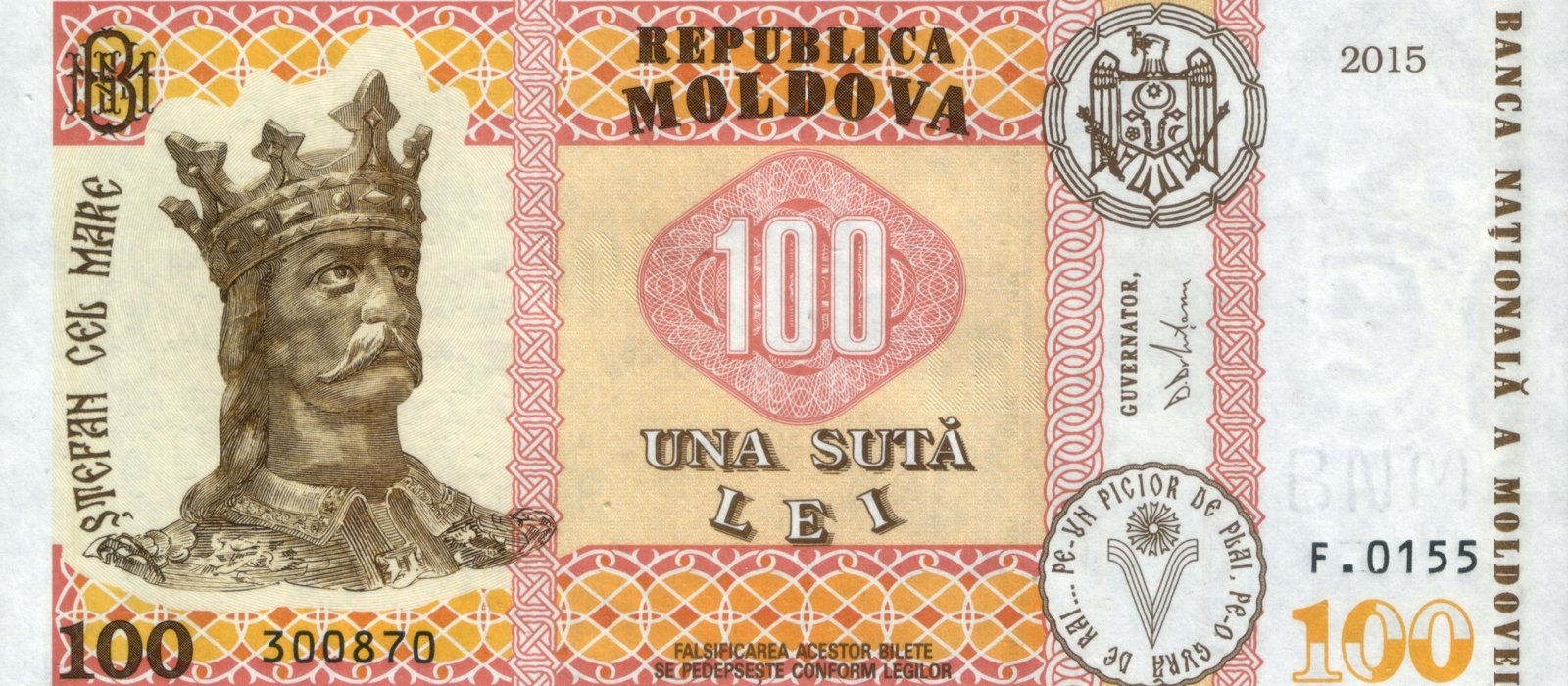 Bancnota de 100 de lei moldovenești, emisiunea 2015, cu portretul lui Ștefan cel Mare