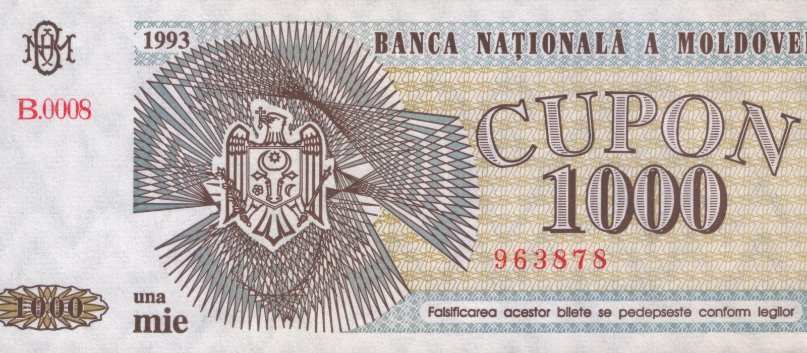 Bancnotă de 1000 de cupoane din 1993, cu stema Republicii Moldova și textul Banca Națională a Moldovei