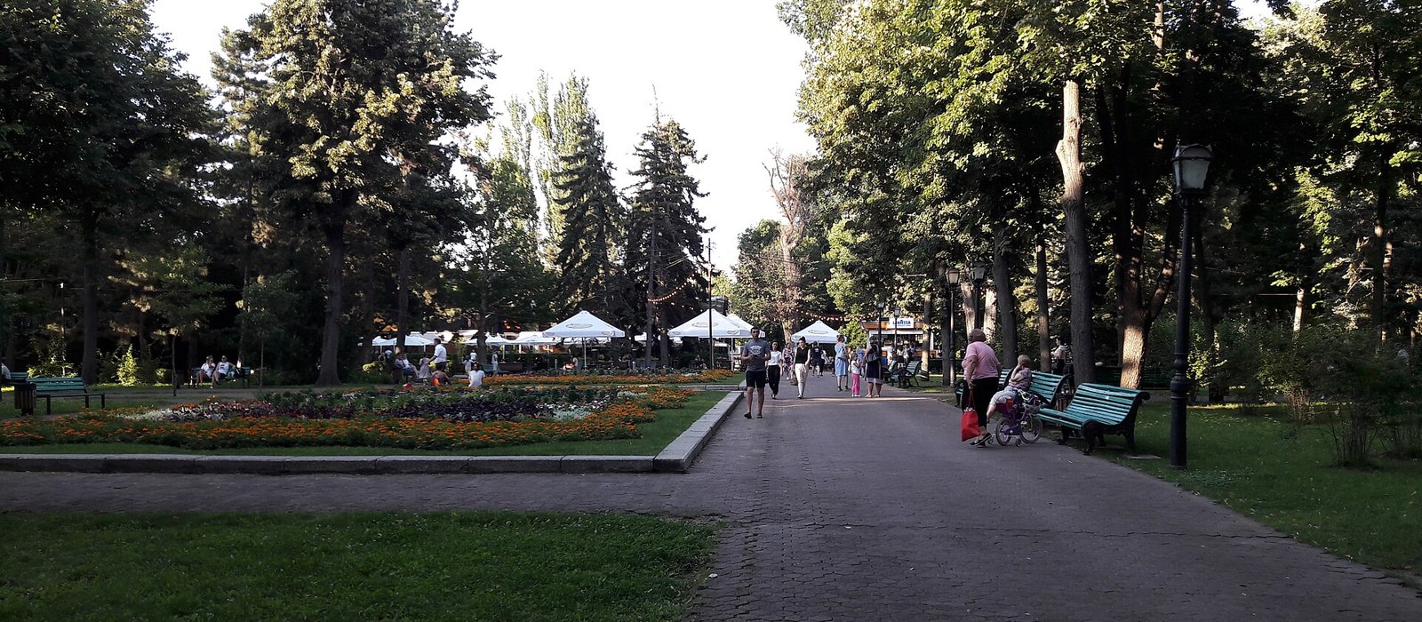 Alee cu flori, felinare și oameni la plimbare în Parcul Ștefan cel Mare din Chișinău, vara