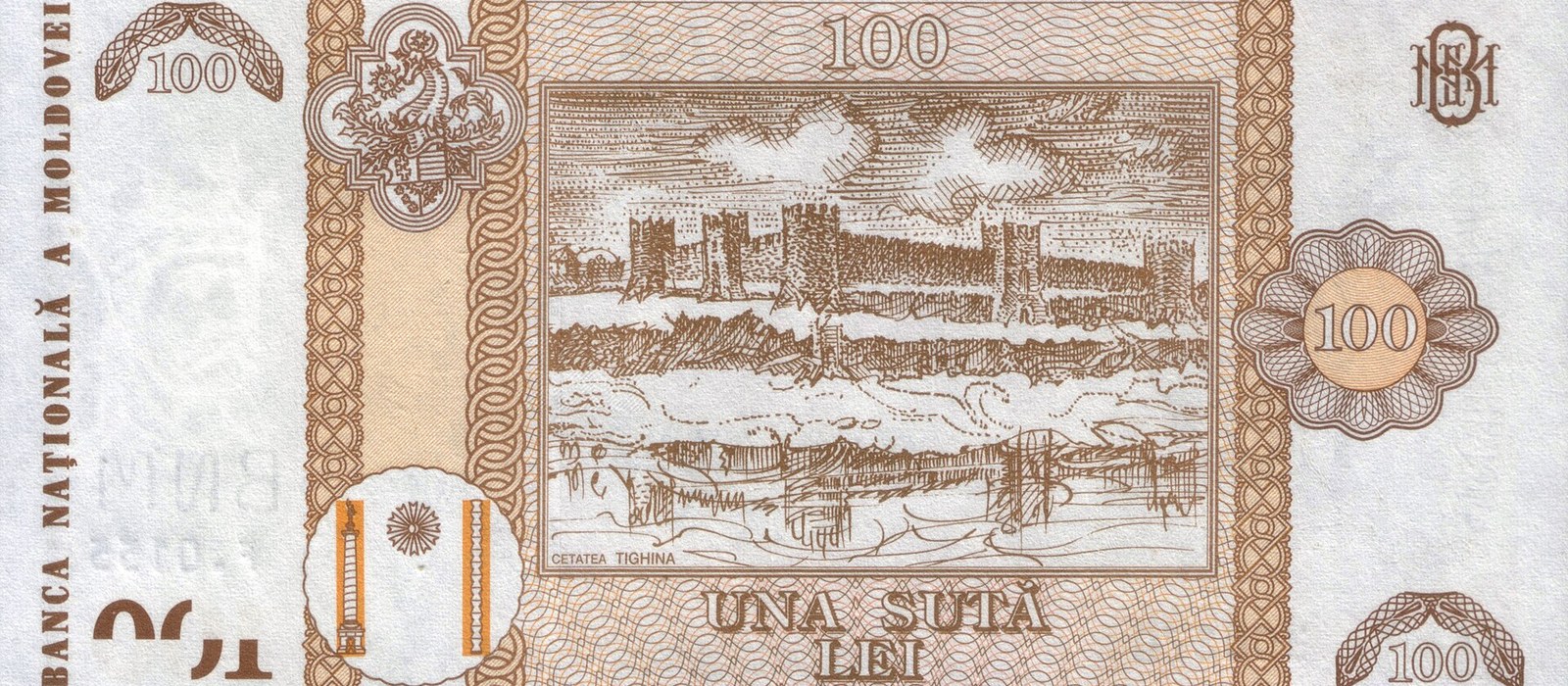 Bancnota de 100 de lei moldovenești, cu motive florale și portretul lui Ștefan cel Mare