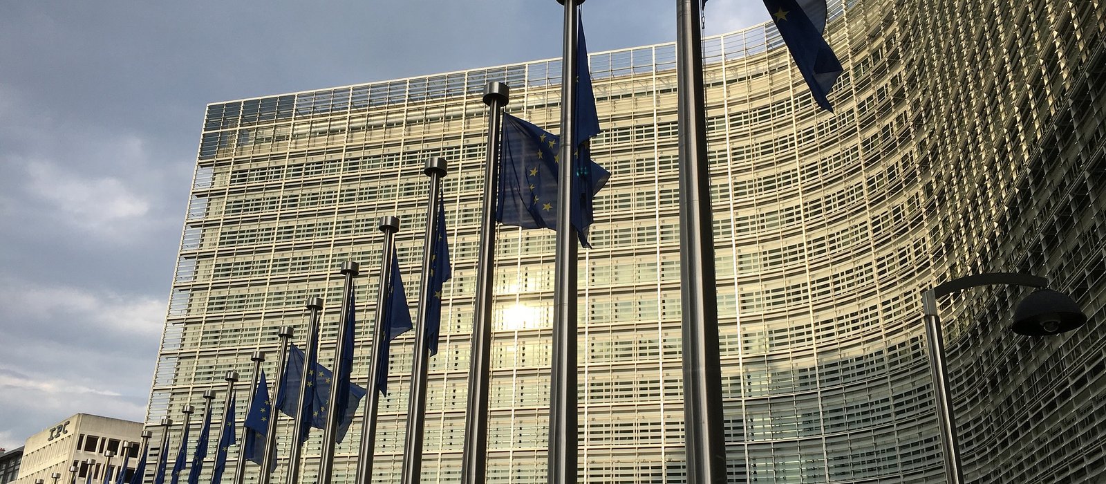 Drapele europene pe un șir de catarge în fața fațadei curbe a clădirii Berlaymont din Bruxelles