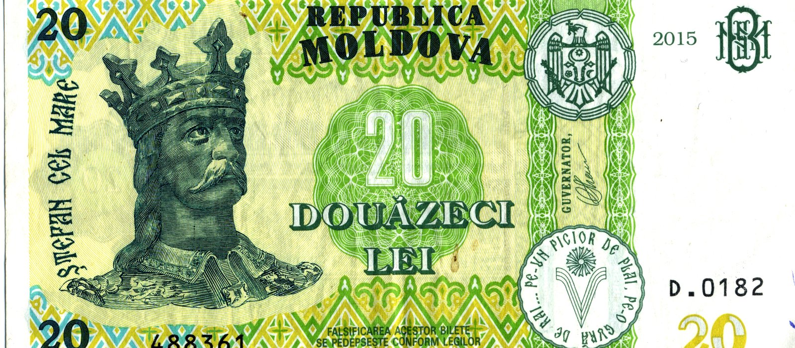 Fața bancnotei de 20 de lei moldovenești, emisă de Banca Națională a Moldovei