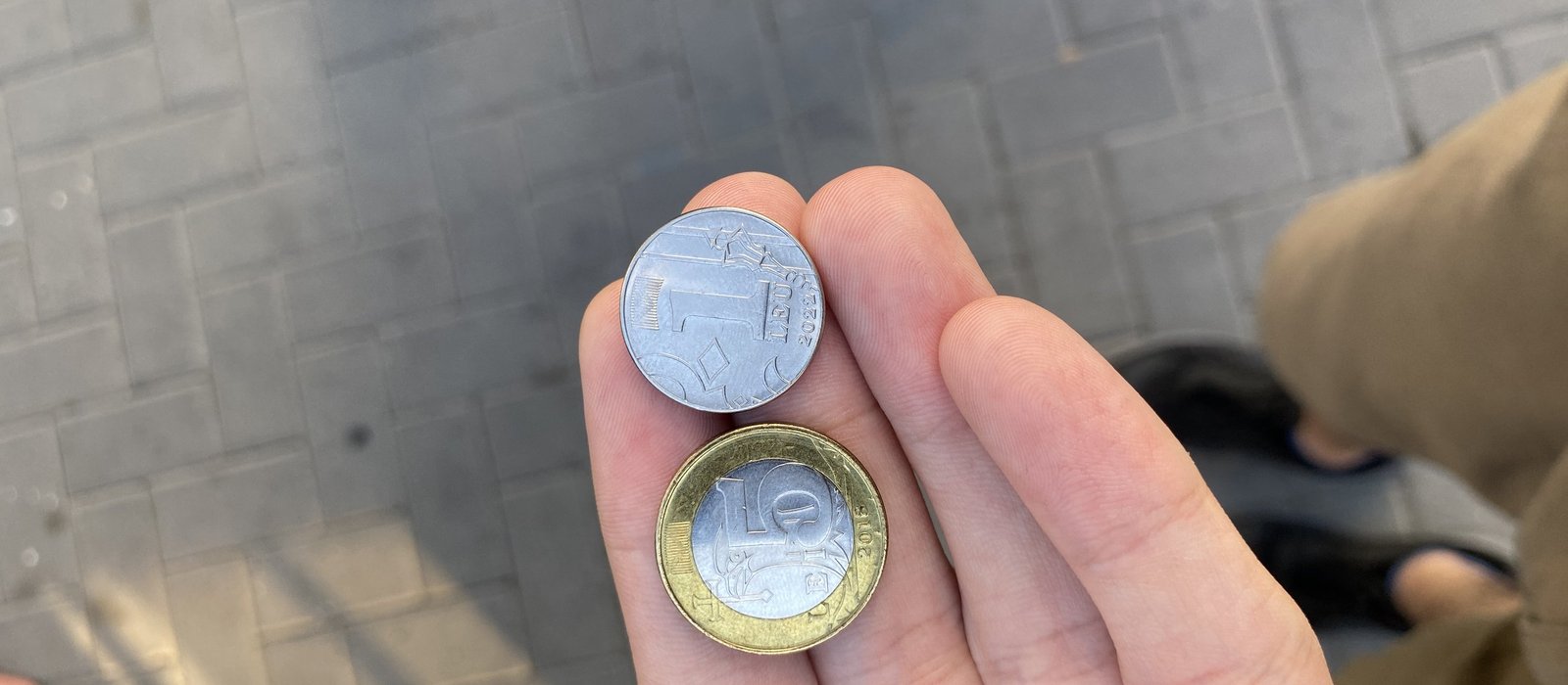 O monedă de 1 leu și una de 10 lei, ținute în palmă pe o stradă pavată din Chișinău